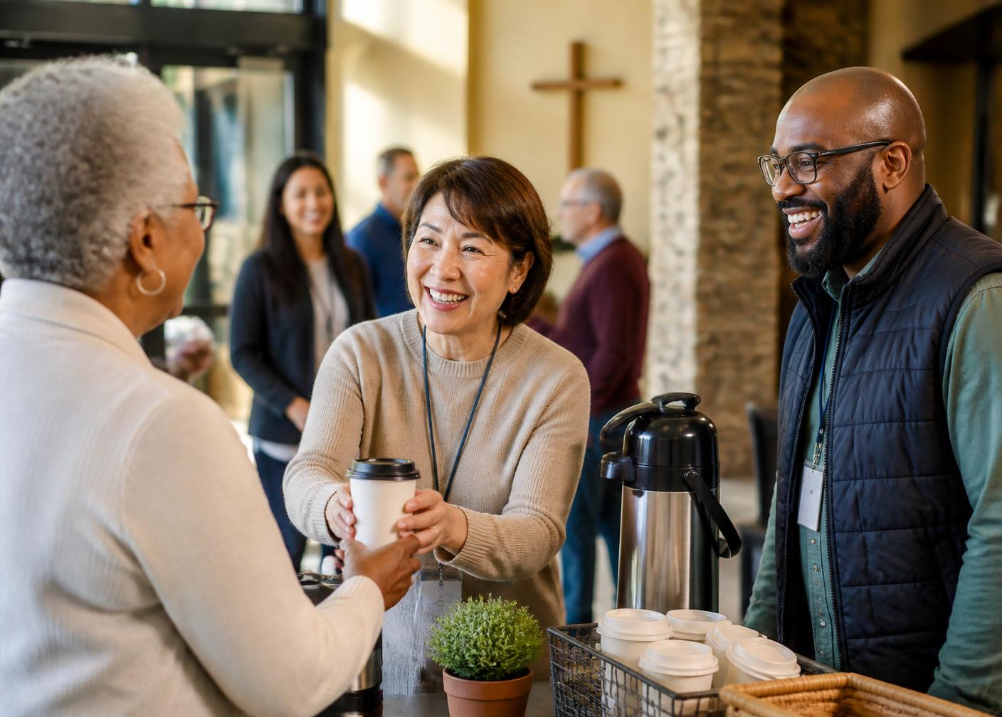 Church volunteers welcoming members after a Sunday service