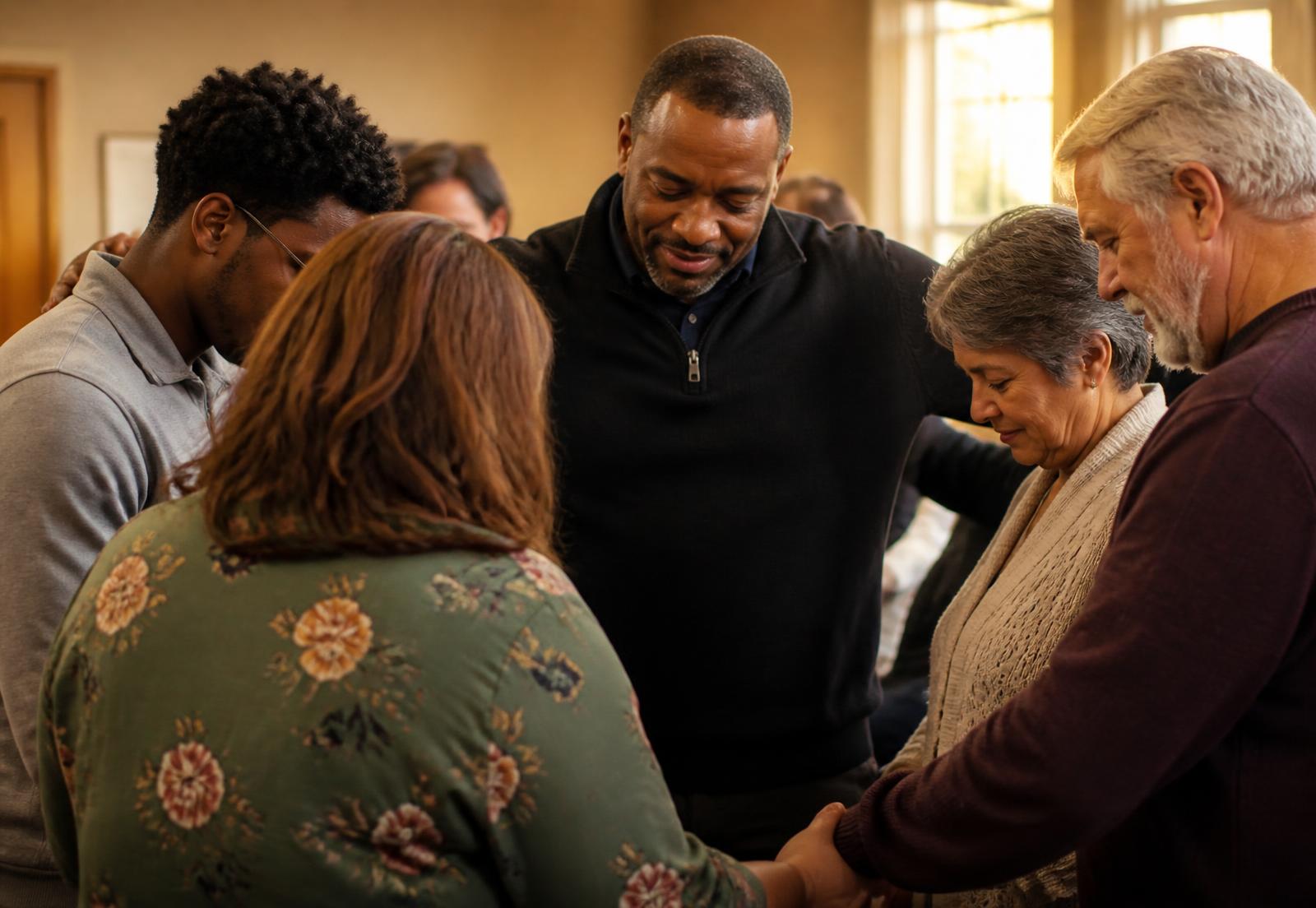 A pastor praying with a small group of church members